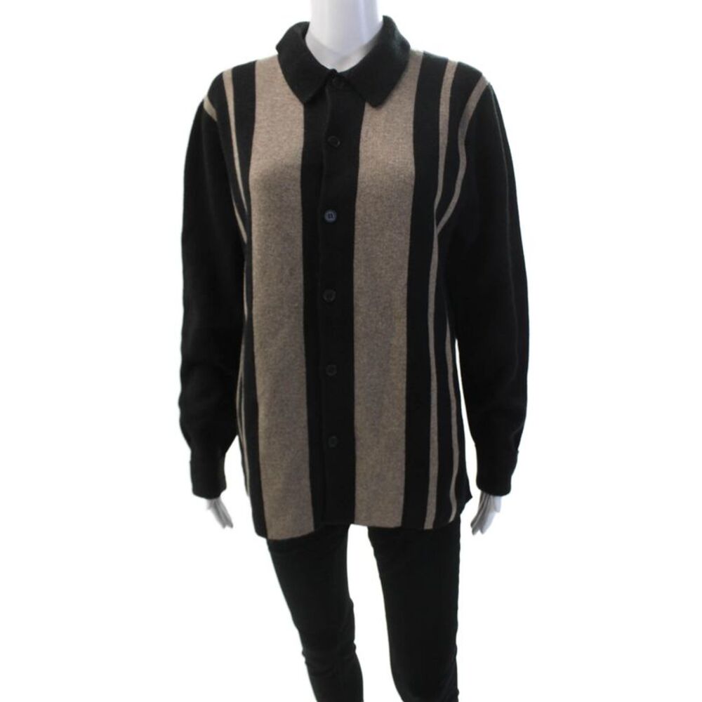 WAO Womens Striped Collar Button Front Long Sleeve Sweater Top Black Brown Sz S